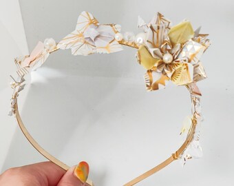 Handmade Origami Flower Japanese Origami Gold and White Head Band 𓊆PolyCrane𓊇
