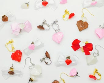 Handmade Valentines Collection Japanese Origami Heart Ribbon UV Resin Waterproof Earrings/ Clip-on [40colours]