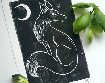 Moonlight Fox Handmade Original Linoprint