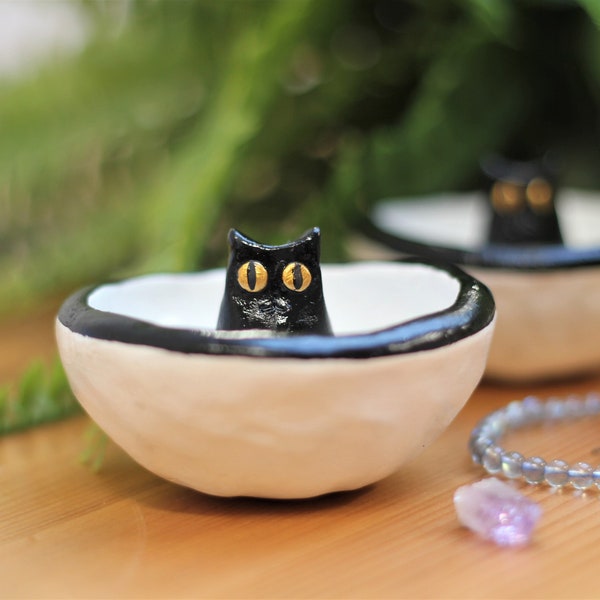 Lucky Black Cat Handmade Ceramic Decorative Trinket Bowl Dish