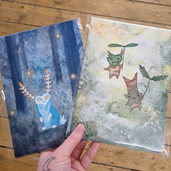 Set of 2 Legend of Zelda Korok & Blupee Woodland Spirit Watercolour Art Print Poster Painting