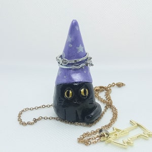 Wizard Black Cat Handmade Clay Ring Holder Figurine