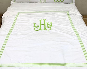 400 TC White Cotton Sateen Hotel Stitch Monogrammed Duvet Cover Set in Triple Embroidery Border 1 Duvet Cover and 2 Pillow Sham