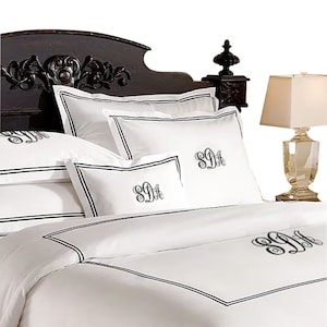Personalized Monogram 400 TC White Cotton Sateen Hotel Stitch Duvet Cover Set in Double Embroidery Border 1 Duvet Cover and 2 Pillow Sham