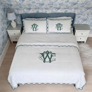 Puede incluir: Juego de ropa de cama blanca con ribete verde y monograma bordado. El juego incluye una funda nórdica y dos fundas de almohada. La cama está contra un cabecero azul y entre dos mesitas de noche blancas. La habitación tiene papel pintado floral azul.