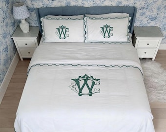 Interlocking Monogram Scalloped & Border Embroidery 400 Thread Count White Cotton Duvet Cover Set- 1 Duvet Cover and 2 Pillow Sham Cover