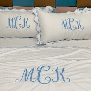 Monogram Scalloped & Border Embroidery 400 Thread Count White Cotton Duvet Cover Set- 1 Duvet Cover and 2 Pillow Sham Cover