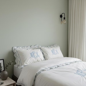 Juego de funda nórdica de algodón blanco de 400 hilos con monograma festoneado y bordado en borde: 1 funda nórdica y 2 fundas de almohada