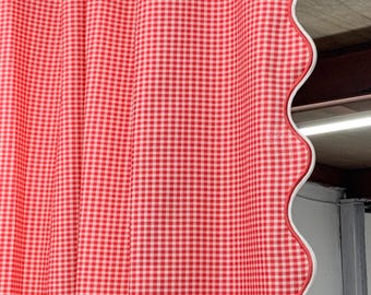 Checks Pattern Curtain with Scalloped Edge Border Embroidery, Polyester linen Texture fabric Curtain 1 Panel