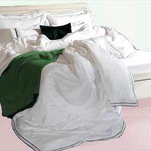 400 Thread Count White Cotton Sateen duvet cover in Double Edge Embroidered border. King, queen, custom size bedding