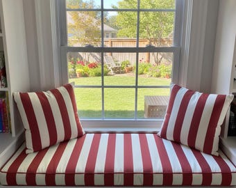 3" thick Bench Cushion | 3" wide Stripe Water-resistance Bench Cushion with Piping Border | Seat cushions available in custom sizes