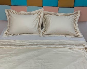 400 TC Ivory Cotton Sateen Hotel Stitch Duvet Cover Set in Triple Embroidery Border 1 Duvet Cover and 2 Pillow Sham