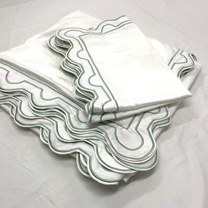 U Scalloped and border Embroidery Duvet Cover Set 400 Thread Count White Cotton Sateen