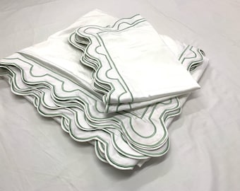 U Scalloped and border Embroidery Duvet Cover Set 400 Thread Count White Cotton Sateen