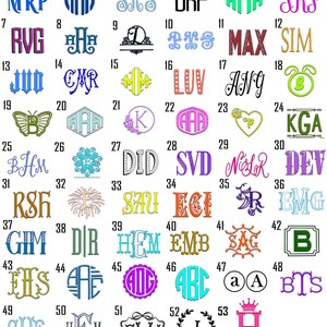 Puede incluir: Una colecci&oacute;n de monogramas bordados en varios estilos y colores. Los dise&ntilde;os incluyen iniciales en c&iacute;rculos, diamantes y patrones florales. La imagen muestra una variedad de opciones de bordado personalizadas.