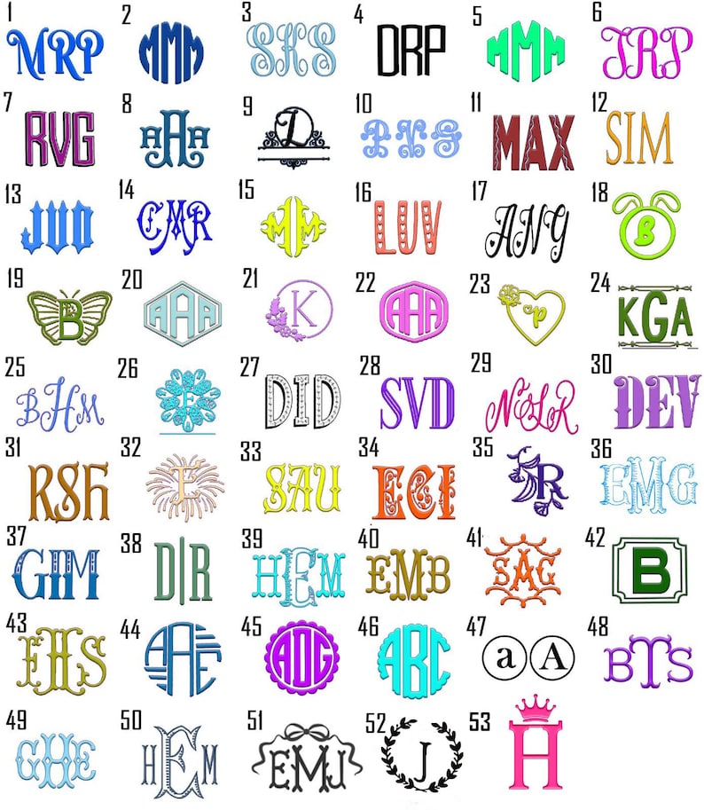 Puede incluir: Una colecci&oacute;n de monogramas bordados en varios estilos y colores. Los dise&ntilde;os incluyen iniciales en c&iacute;rculos, diamantes y patrones florales. La imagen muestra una variedad de opciones de bordado personalizadas.