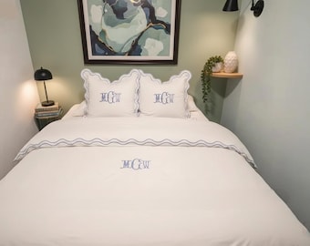 Double Scalloped Embroidery Monogrammed Duvet Cover Set 400 Thread Count White Cotton Sateen