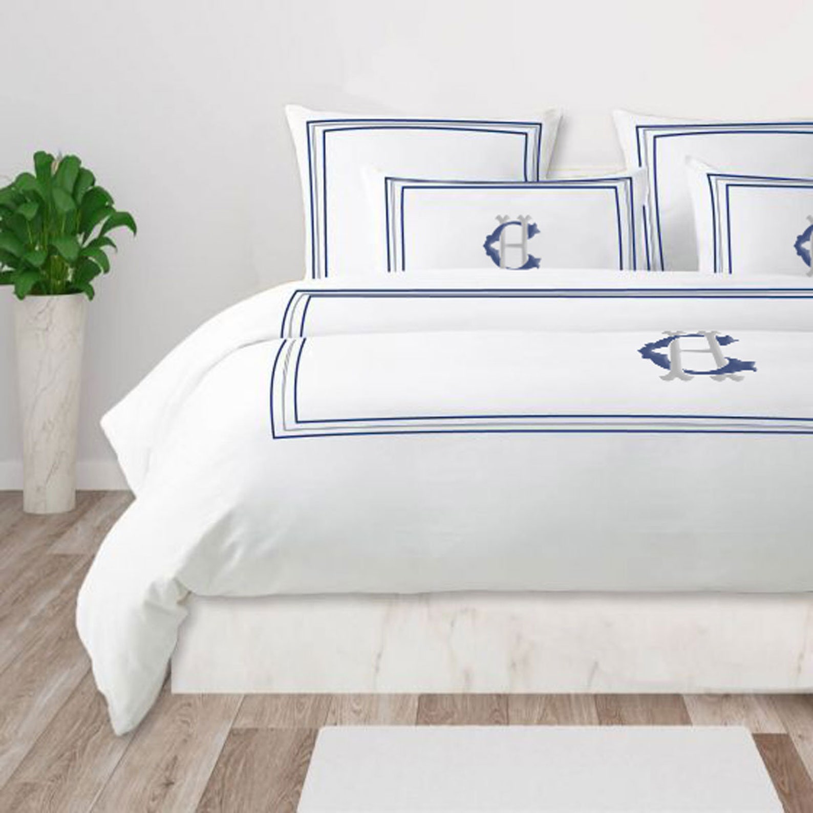 Personalized Monogram 400TC White Cotton Sateen Hotel Stitch Duvet Cover Set in Classic Embroidery 1 Duvet Cover and 2 Pillow Sham - US Queen/Full, Light Blue