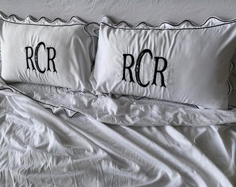 Monogram PARCALE Scalloped & Border Embroidery 400 Thread Count White Cotton Duvet Cover Set- 1 Duvet Cover and 2 Pillow Sham Cover