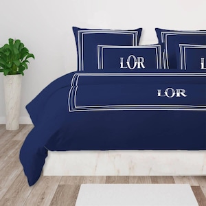 Monogram 400 Thread Count White Cotton Sateen Hotel Stitch Duvet Cover in 3 Line Embroidery Border
