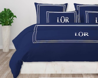 Monogram 400 Thread Count White Cotton Sateen Hotel Stitch Duvet Cover in 3 Line Embroidery Border