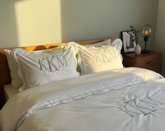 Wavy Scalloped  Double Embroidery with Monogram at Top Centre Euro/Pillow Sham  100% Cotton Sateen Hotel Stitch