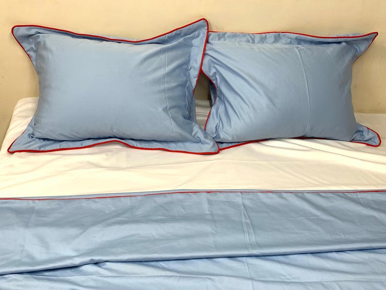 Juego de funda nórdica de satén de algodón azul claro de 400 hilos con puntada de hotel y borde con ribete, 1 funda nórdica y 2 fundas de almohada imagen 1