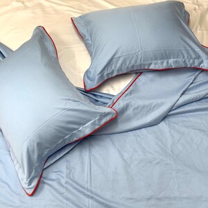 Juego de funda nórdica de satén de algodón azul claro de 400 hilos con puntada de hotel y borde con ribete, 1 funda nórdica y 2 fundas de almohada imagen 4