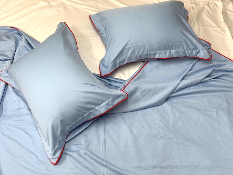 Juego de funda nórdica de satén de algodón azul claro de 400 hilos con puntada de hotel y borde con ribete, 1 funda nórdica y 2 fundas de almohada imagen 4
