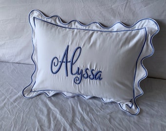 Personalized Monogram 400TC White Cotton Sateen Hotel Stitch Duvet Cover Set in Scalloped& Border Embroidery 1 Duvet Cover and 2 Pillow Sham