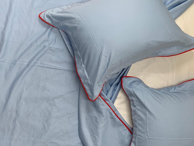 Juego de funda nórdica de satén de algodón azul claro de 400 hilos con puntada de hotel y borde con ribete, 1 funda nórdica y 2 fundas de almohada imagen 5