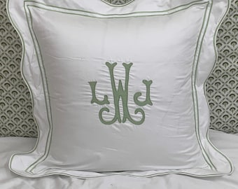 Monogrammed Euro/Pillow Sham Wavy Scalloped  Double Embroidery 100% Cotton Sateen Hotel Stitch