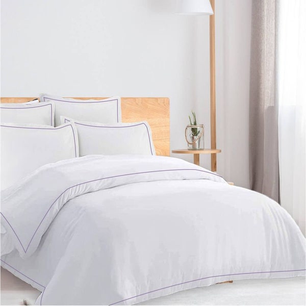 Hotel Quality 100% Cotton White Solid Pattern 1 Piece Duvet Cover & 2 Piece Pillow shams 600 Thread Count in Edge Embroidery Border