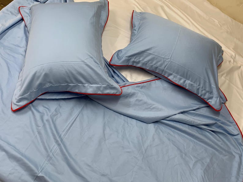 Juego de funda nórdica de satén de algodón azul claro de 400 hilos con puntada de hotel y borde con ribete, 1 funda nórdica y 2 fundas de almohada imagen 3