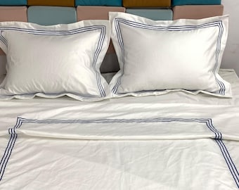400 TC White Cotton Sateen Hotel Stitch Duvet Cover Set in Triple Embroidery Border 1 Duvet Cover and 2 Pillow Sham