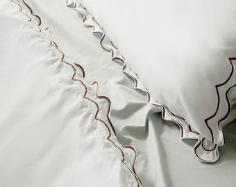 Double Scalloped Embroidery Duvet Cover Set 400 Thread Count White Cotton Sateen