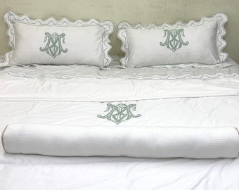 U Scalloped and border Embroidery Monogrammed Duvet Cover Set 400 Thread Count White Cotton Sateen