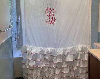 Monogram Shower Curtain 1 Panel with Button Holes | Ruffle Embroidery Shower Bath Curtain 1 Panel