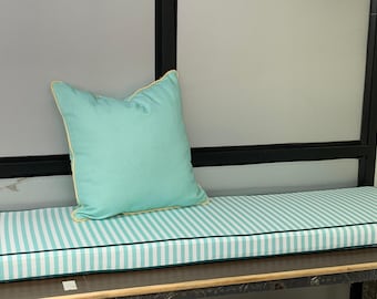 3" thick Bench Cushion | Striped Waterproof Bench Cushion with Piping Border | Seat cushions available in custom sizes
