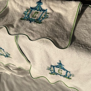 Monogram Towels Scalloped embroidery line Cotton Bath Towels (Set of 1) 600 GSM