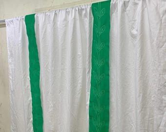 White Cotton Curtain with Applique Leaf Border 1 Panel 100% Cotton Sateen Hotel Stitch
