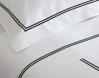 100% Cotton Sateen Hotel Stitch 400 Thread Count Double Embroidery Border White Solid 4 Piece Sheet Set