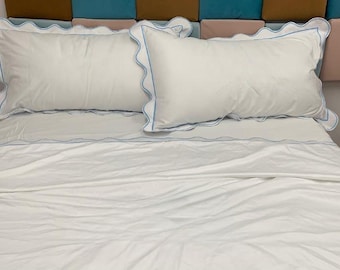 Scalloped & Border Embroidery 400 Thread Count White Cotton Duvet Cover Set- 1 Duvet Cover and 2 Pillow Sham Cover