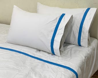 100% Cotton Sateen Hotel Stitch 400 TC Single Border (1" wide) White Solid 4 Piece Sheet Set (8"/20cm to 25"/64cm deep fitted sheet)