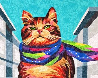 LORD OF the STREET. Cat in a scarf quilt pattern, cat fabric collage, applique