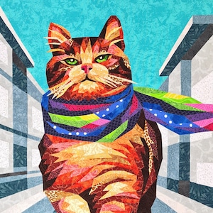 CAT IN A SCARF. Lord of the Street quilt pattern, fabric collage, applique