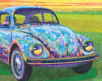 RETRO CAR quilt pattern, fabric collage, applique