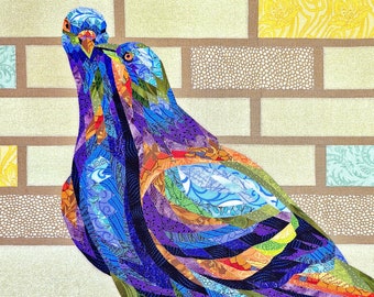 LET Me KISS You! Pigeons quilt pattern, birds fabric collage, applique