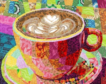 RED CUP of COFFEE quilt pattern, fabric collage, applique