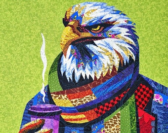 Eagle in Patchwork Scarf Art Quilt Pattern, Bird Fabric Collage, Raw Edge Applique Pattern